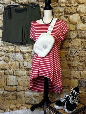Azules Women's Red and White Striped Short Sleeve High-Low T-Shirt Dress